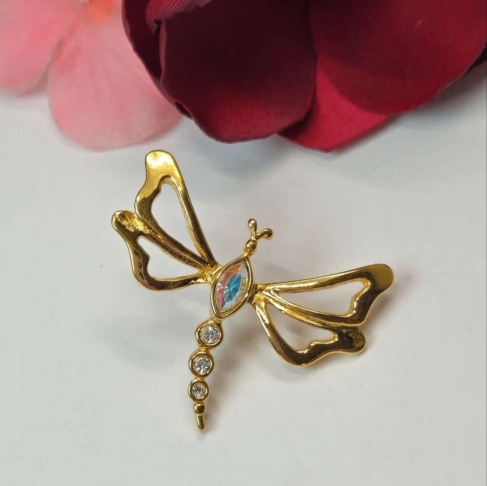 Vintage Avon AB Crystal Gold Tone Dragonfly Pin or Brooch